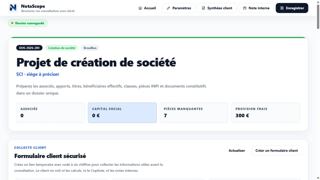 Aperçu du module Création de société dans NotaScope