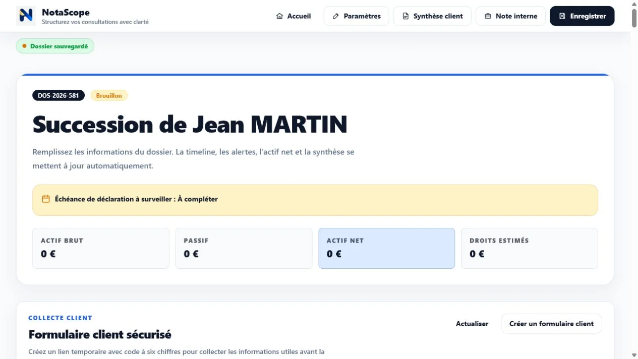 Aperçu du module Succession dans NotaScope