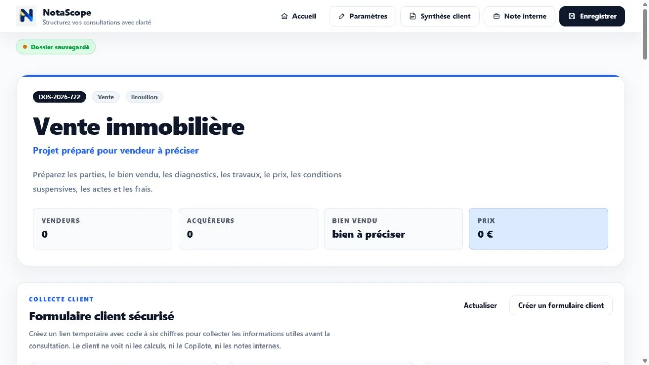 Aperçu du module Vente immobilière dans NotaScope